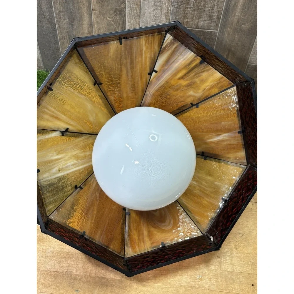 Vintage 1970s Slag Glass Chandelier Amber Red Black Hanging Swag Pendant Light